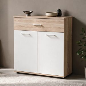 Mobile multiuso Irys con 2 ante e un cassetto colore bianco e rovere sonoma