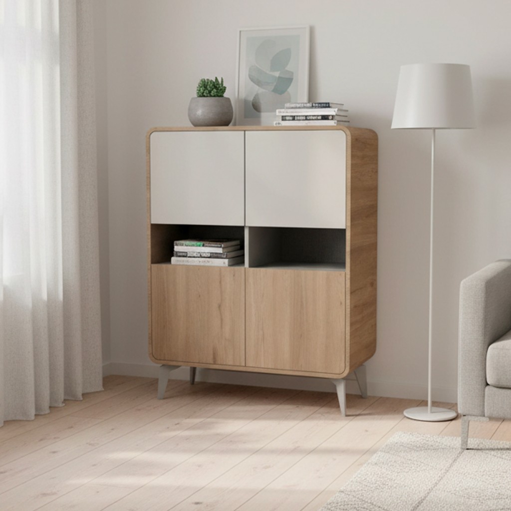 Mobile multiuso Nubo con 4 ante e 2 nicchie a giorno in struttura rovere sepet e ante cashmere Mobile multiuso Nubo con 4 ante e 2 nicchie a giorno in struttura rovere sepet e ante cashmere