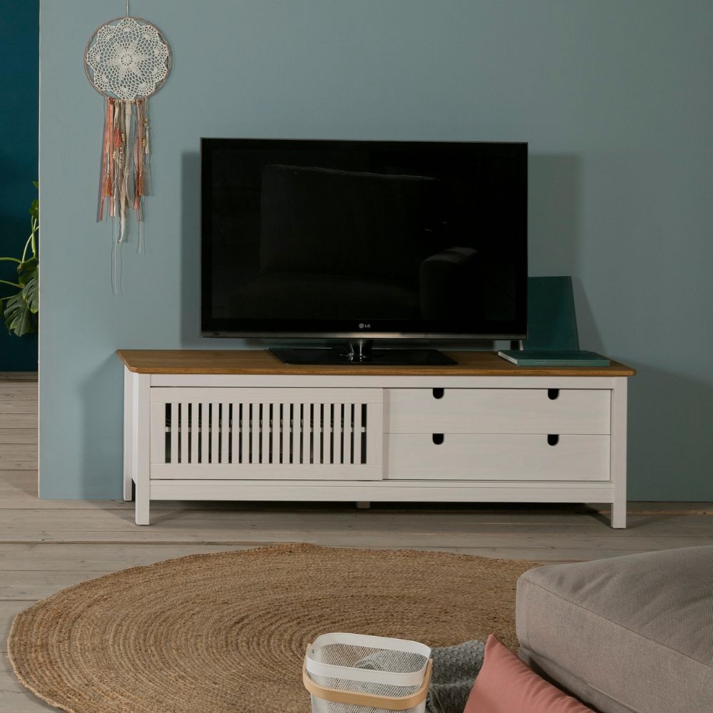 Mobile porta tv Bruna con 1 anta scorrevole e 2 cassetti in legno massiccio bianco e top pino Mobile porta tv Bruna con 1 anta scorrevole e 2 cassetti in legno massiccio bianco e top pino