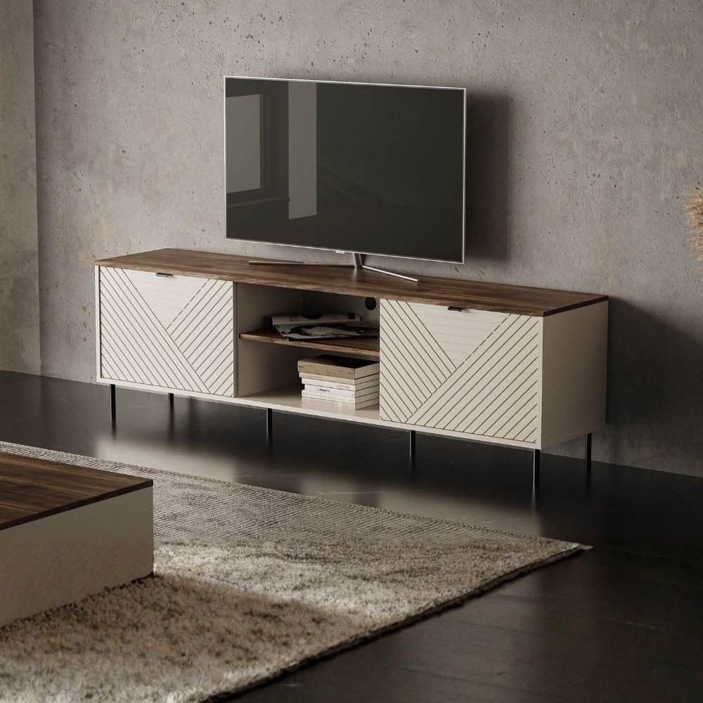 Mobile porta tv Mirage03 2 ante con motivo geometrico e nicchie a giorno cashmere e top rovere Mobile porta tv Mirage03 2 ante con motivo geometrico e nicchie a giorno cashmere e top rovere