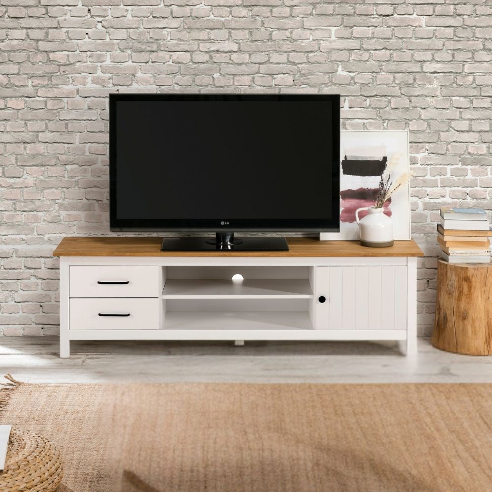 Mobile porta tv Miranda con 1 anta 2 cassetti e 2 vani a giorno in legno massiccio colore bianco e top pino Mobile porta tv Miranda con 1 anta 2 cassetti e 2 vani a giorno in legno massiccio colore bianco e top pino