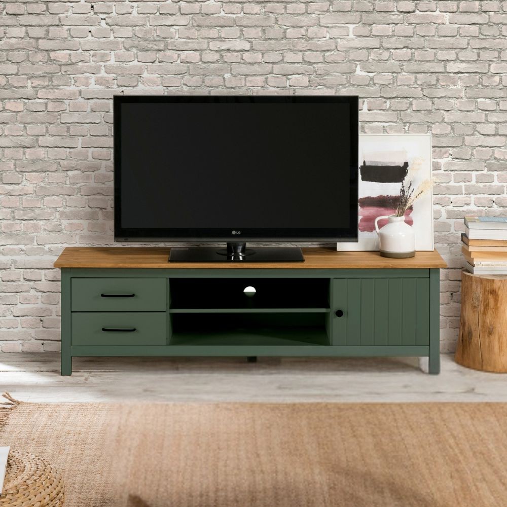 Mobile porta tv Miranda con 1 anta 2 cassetti e 2 vani a giorno in legno massiccio colore verde e top pino Mobile porta tv Miranda con 1 anta 2 cassetti e 2 vani a giorno in legno massiccio colore verde e top pino