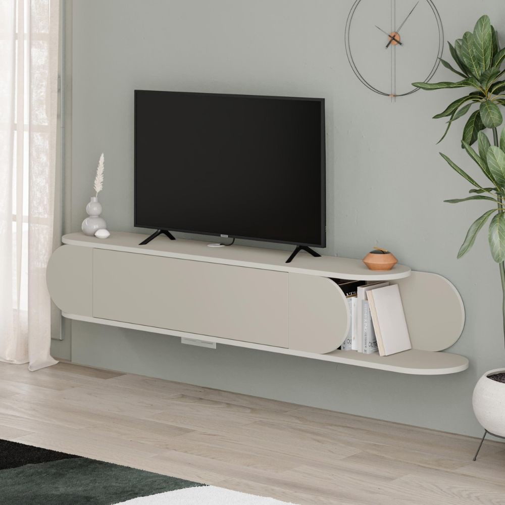 Mobile porta tv sospeso Tone con 2 ante a ribalta e vano laterale a giorno colore cashmere Mobile porta tv sospeso Tone con 2 ante a ribalta e vano laterale a giorno colore cashmere