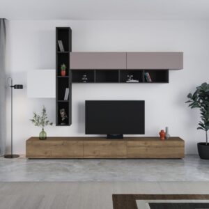 Parete attrezzata Fashion base colore hitit noce e pensili antracite, bianco e tortora H 205x40x275 cm.