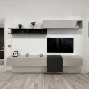 Parete attrezzata Glamour sospesa in cashmere e lava 262x30x200H cm.