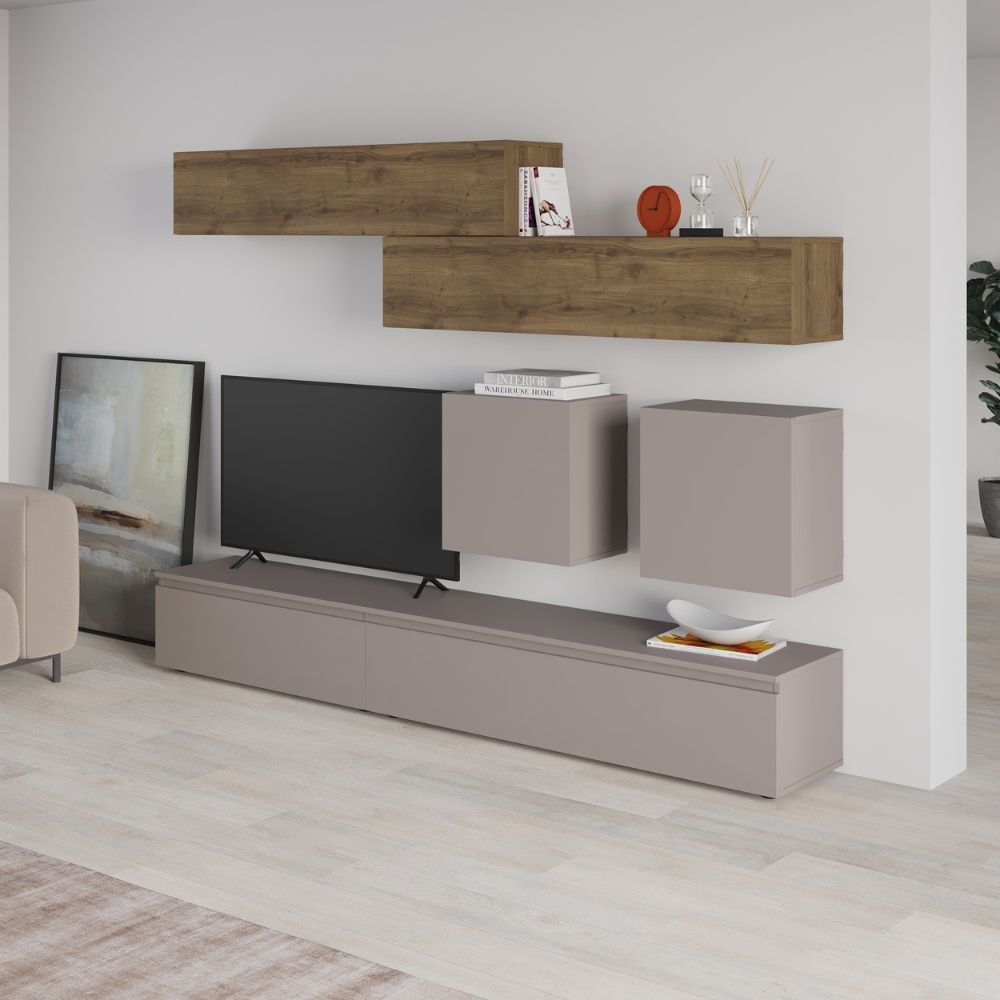 Parete attrezzata Licia in tortora e hitit noce H 186x40x250 cm. Parete attrezzata Licia in tortora e hitit noce H 186x40x250 cm.