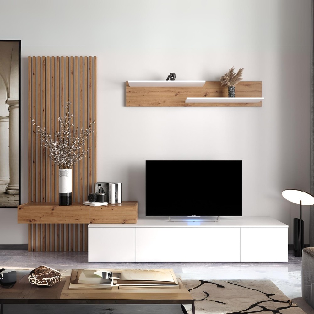 Parete attrezzata Rebecca 250x42x200H cm. colore rovere e bianco Parete attrezzata Rebecca 250x42x200H cm. colore rovere e bianco