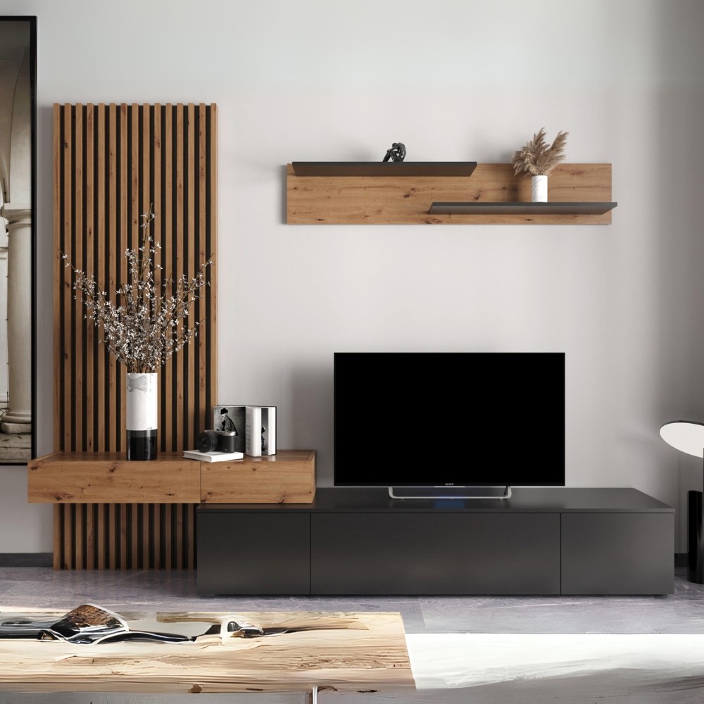 Parete attrezzata Rebecca 250x42x200H cm. colore rovere e nero Parete attrezzata Rebecca 250x42x200H cm. colore rovere e nero