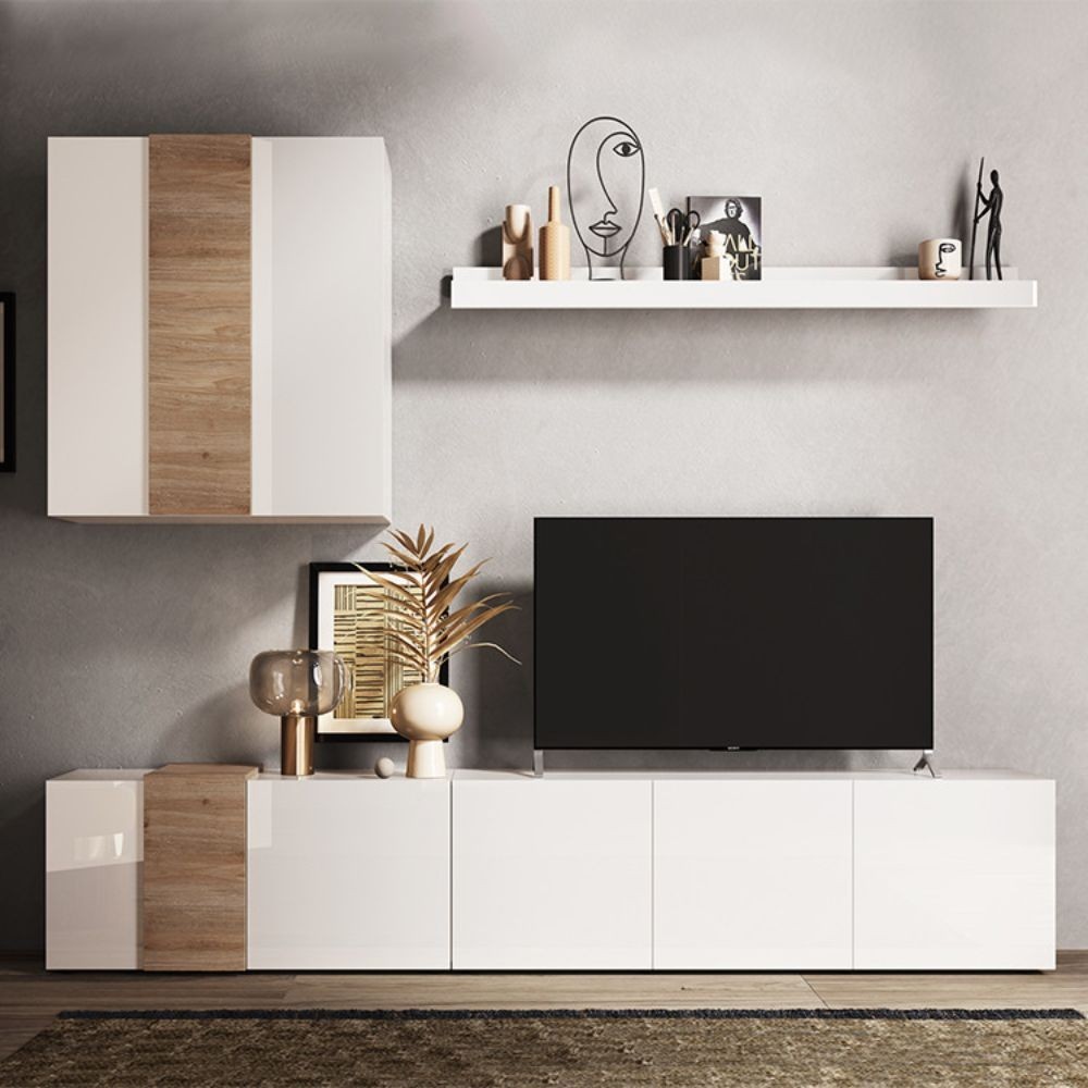 Parete attrezzata Sabry 301 cm bianco lucido rovere Kadiz Parete attrezzata Sabry 301 cm bianco lucido rovere Kadiz