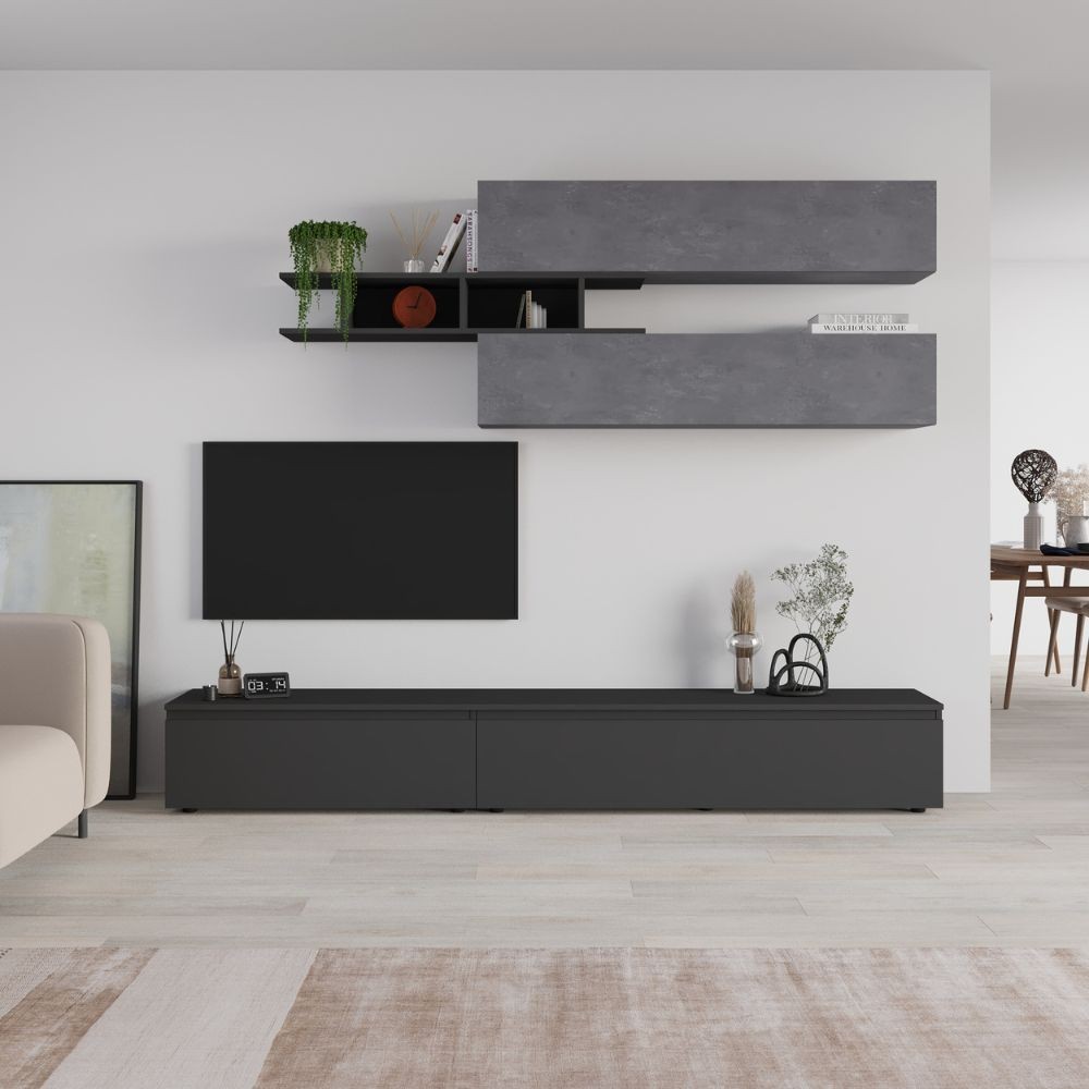 Parete attrezzata Venus colore antracite e cemento H 206.10x40x250 cm. Parete attrezzata Venus colore antracite e cemento H 206.10x40x250 cm.