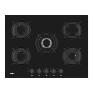 Piano cottura Samet Minerva 70 da incasso a gas 5 fuochi con manopole nere in vetro nero