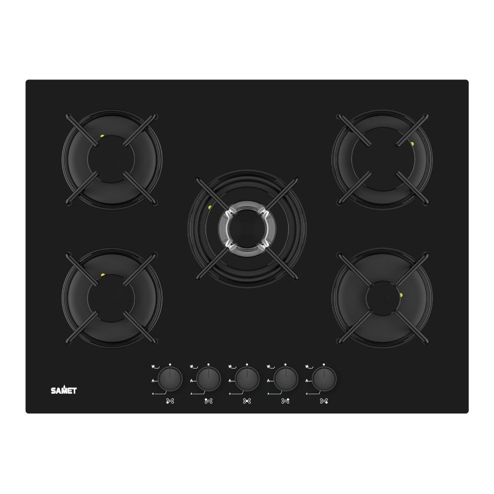 Piano cottura Samet Minerva 70 da incasso a gas 5 fuochi con manopole nere in vetro nero Piano cottura Samet Minerva 70 da incasso a gas 5 fuochi con manopole nere in vetro nero