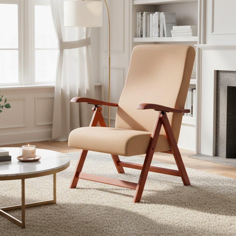 Poltrona Caprera in faggio regolabile in 4 posizioni con struttura noce e tessuto beige Poltrona Caprera in faggio regolabile in 4 posizioni con struttura noce e tessuto beige