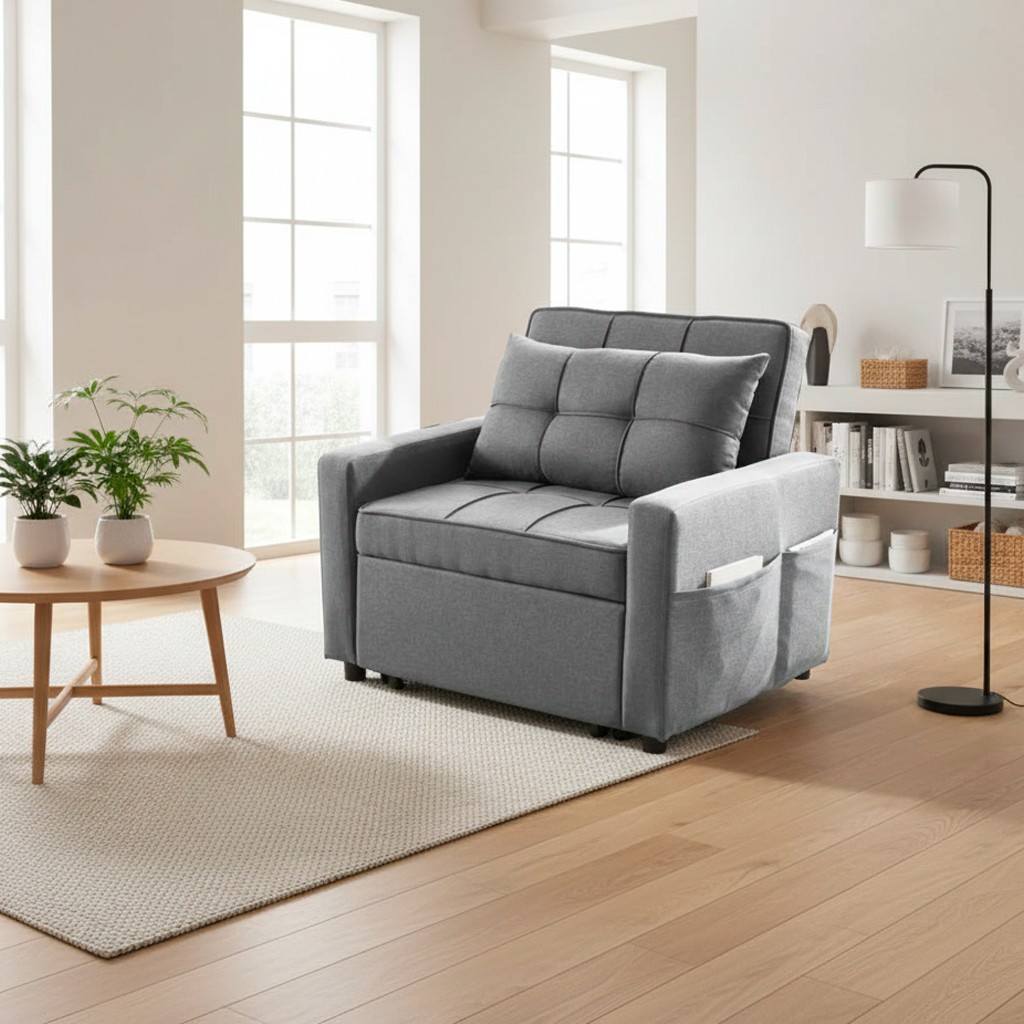 Poltrona letto Miray con schienale e seduta trapuntata in tessuto grigio Poltrona letto Miray con schienale e seduta trapuntata in tessuto grigio