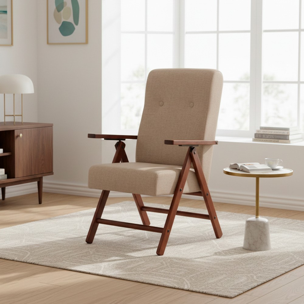 Poltrona Pianosa in faggio regolabile con struttura noce e tessuto beige Poltrona Pianosa in faggio regolabile con struttura noce e tessuto beige