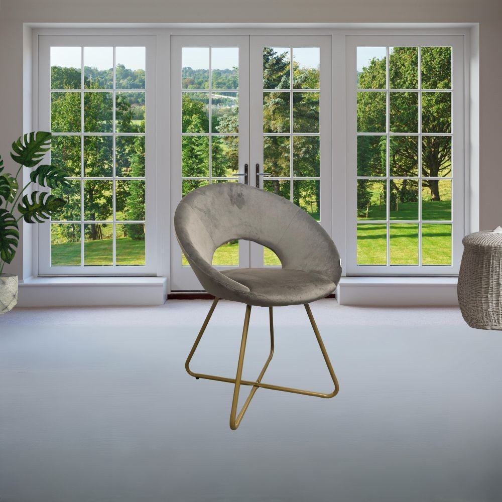 Poltroncina Etere in velluto grigio con gambe in metallo dorato set 2 pezzi Poltroncina Etere in velluto grigio con gambe in metallo dorato set 2 pezzi