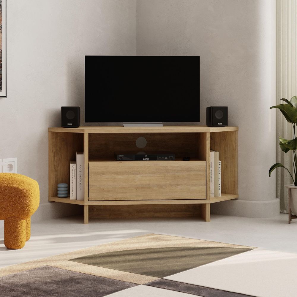 Porta tv angolare Viva con nicchie a giorno in colore rovere Porta tv angolare Viva con nicchie a giorno in colore rovere