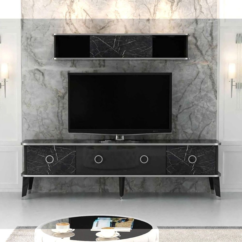 Porta tv con pensile Bientv 180 effetto marmo nero particolari argento Porta tv con pensile Bientv 180 effetto marmo nero particolari argento