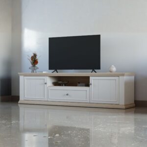 Porta tv Essenza 200 con 2 ante 1 cassetto e nicchia a giorno in colore bianco e dettagli rovere