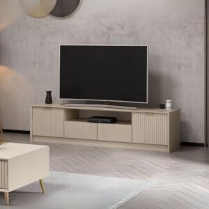 Porta tv Kale con 4 ante effetto cannettato e nicchia a giorno con maniglie oro