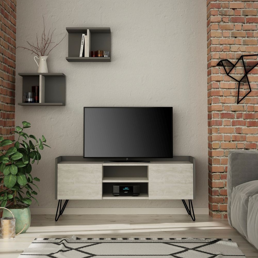 Porta TV Klappe antracite con ante bianche vintage e due mensole Porta TV Klappe antracite con ante bianche vintage e due mensole