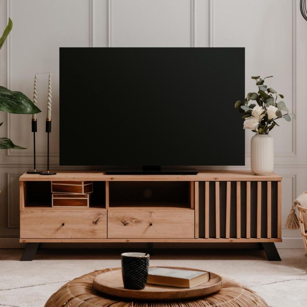 Porta TV Medan56A 2 cassetti e anta con vani a giorno rovere antracite Porta TV Medan56A 2 cassetti e anta con vani a giorno rovere antracite