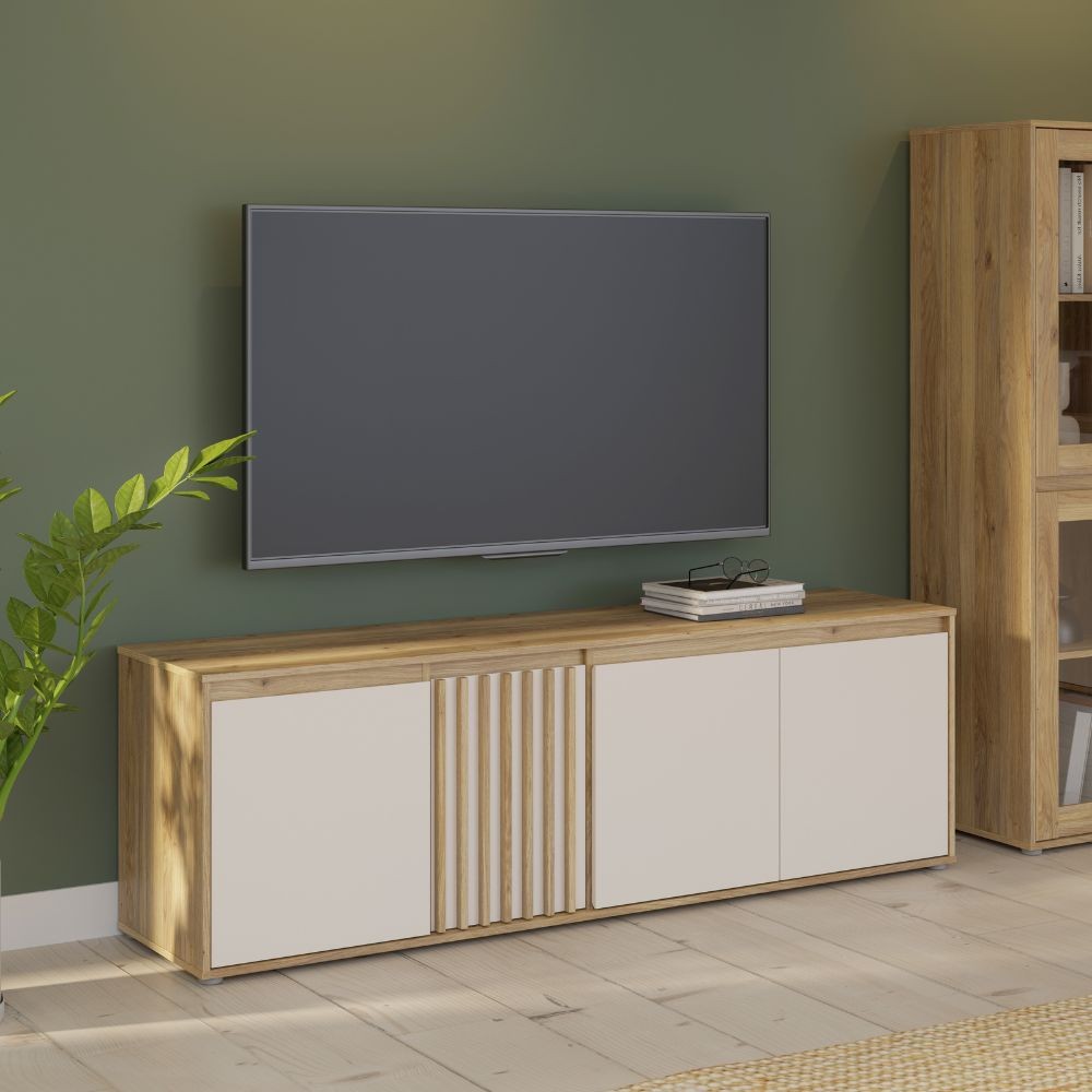 Porta tv Neutra 4 ante con dettaglio cannettato in rovere e cashmere Porta tv Neutra 4 ante con dettaglio cannettato in rovere e cashmere