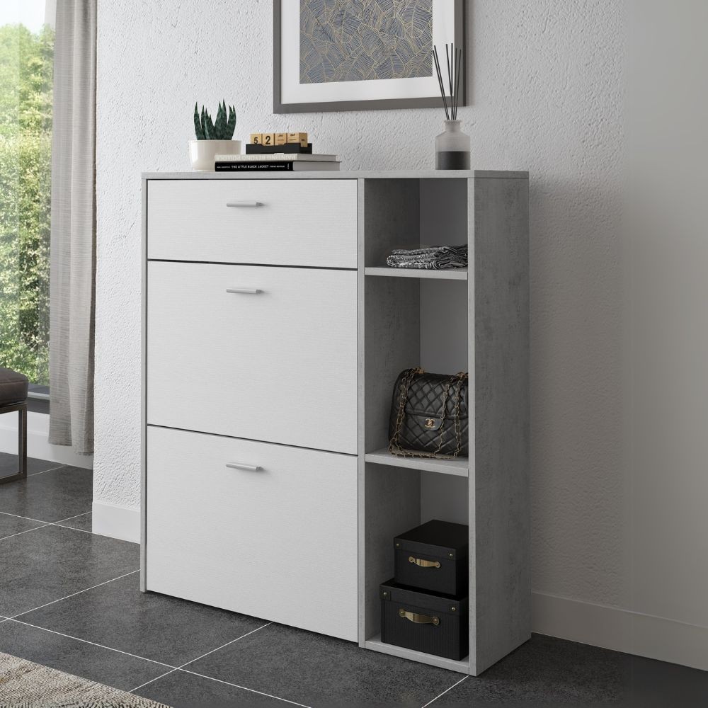 Scarpiera Takimi con 2 ante a ribalta 1 cassetto colore cemento e bianco Scarpiera Takimi con 2 ante a ribalta 1 cassetto colore cemento e bianco