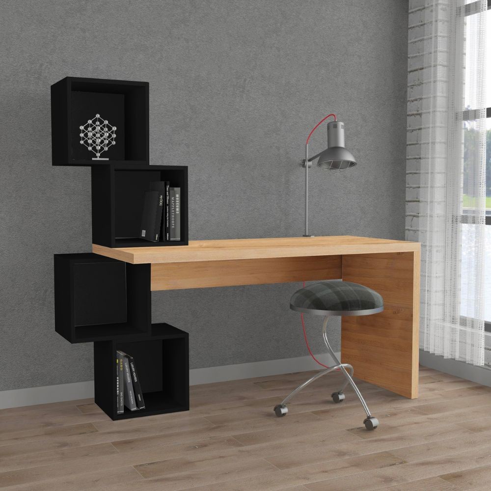Scrivania Balance con piano rovere e ripiani cubotti nero Scrivania Balance con piano rovere e ripiani cubotti nero