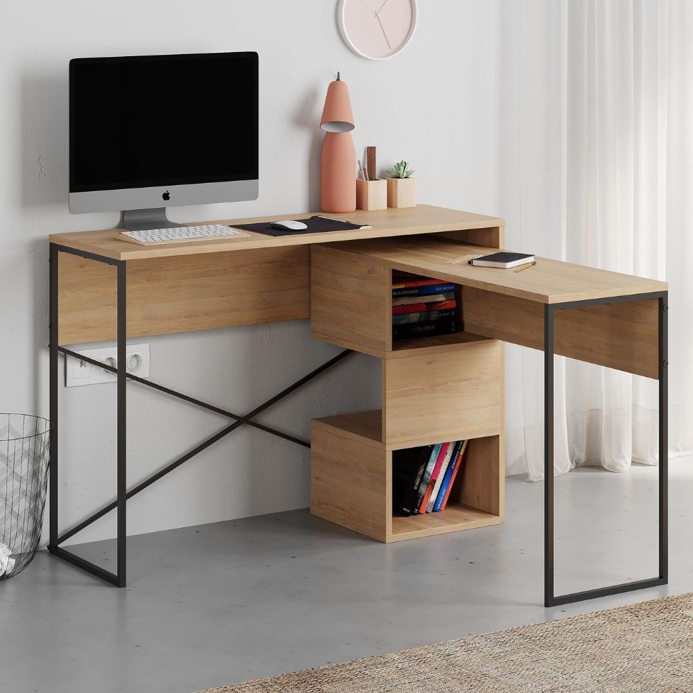 Scrivania espandibile Badau colore rovere e gambe in metallo nere 110x37.2x77 cm. Scrivania espandibile Badau colore rovere e gambe in metallo nere 110x37.2x77 cm.