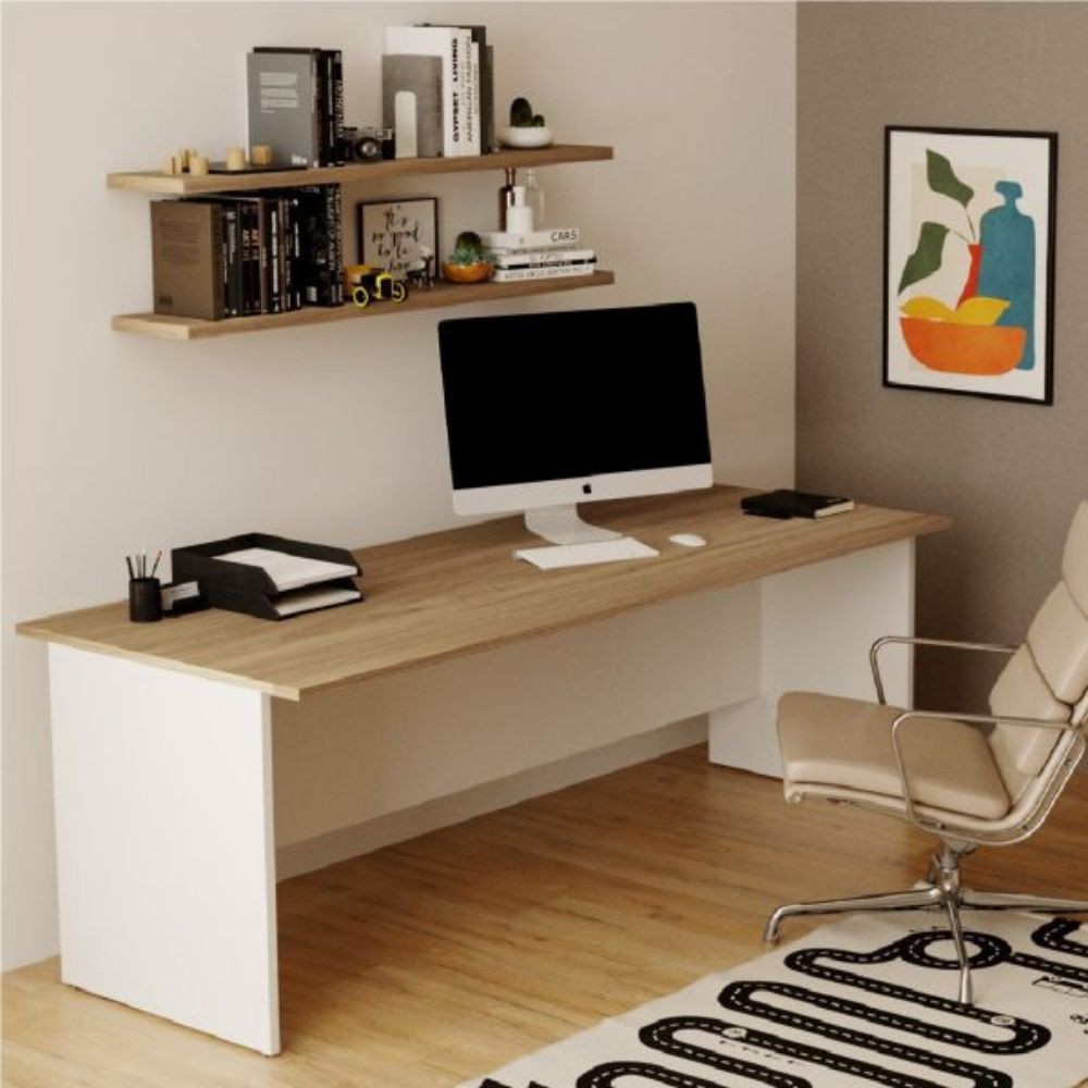 Scrivania Ibisco 200x80x74H cm. con struttura bianco frassinato e piano noce naturale Scrivania Ibisco 200x80x74H cm. con struttura bianco frassinato e piano noce naturale