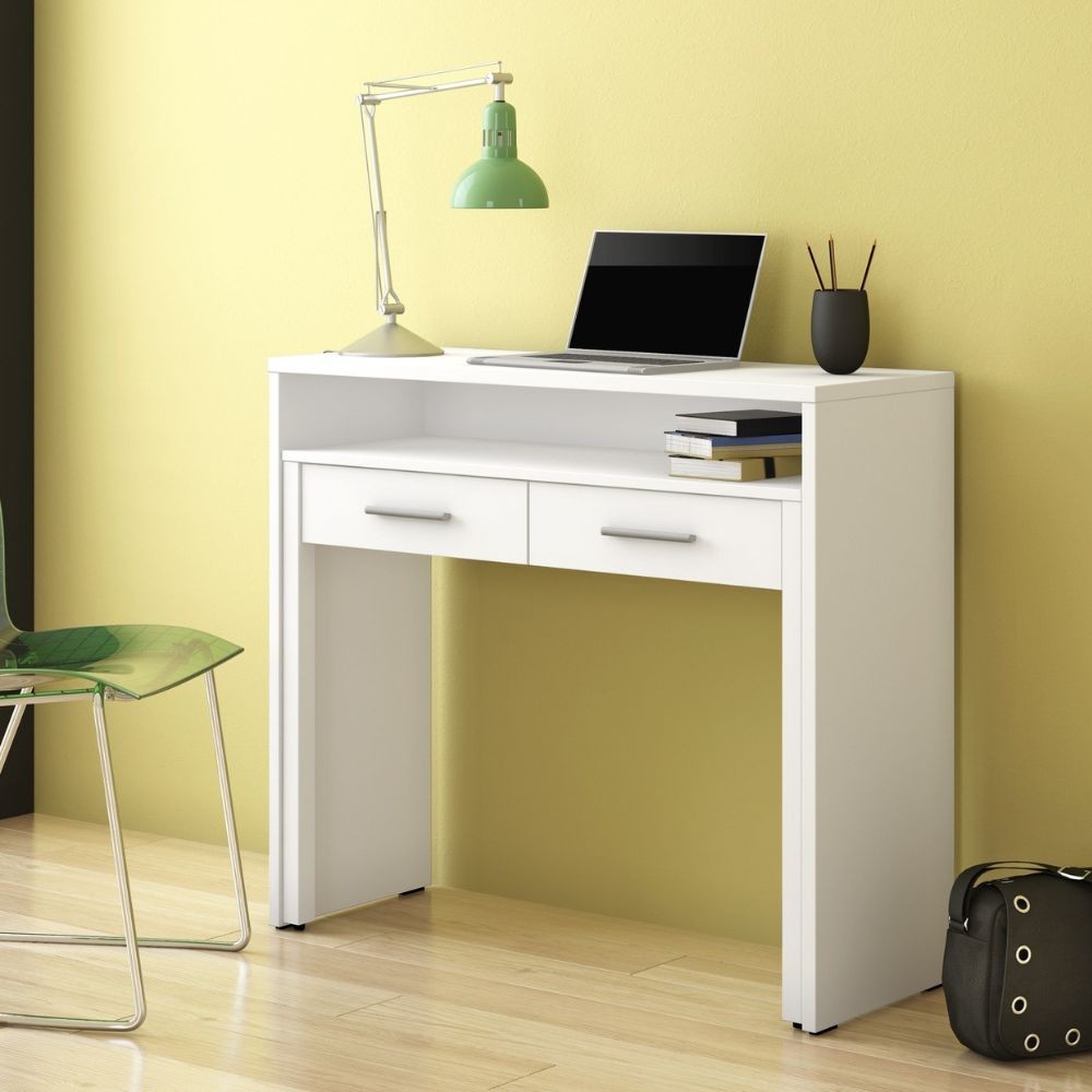 Scrivania Scrivia con piano a scomparsa con due cassetti colore bianco opaco Scrivania Scrivia con piano a scomparsa con due cassetti colore bianco opaco