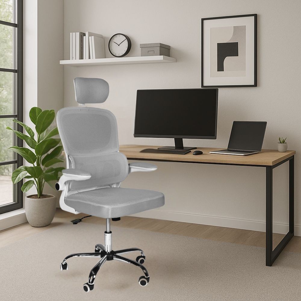 Sedia da ufficio ergonomica Vibes con struttura bianca e seduta in tessuto a rete grigio con base cromata Sedia da ufficio ergonomica Vibes con struttura bianca e seduta in tessuto a rete grigio con base cromata