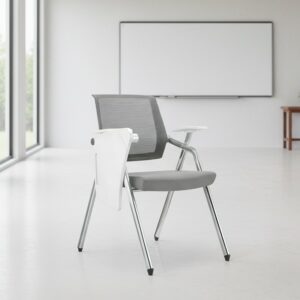 Sedia ufficio Loreto con tavolino ribaltabile, gambe in acciaio cromato e schienale in rete colore grigio e bianco