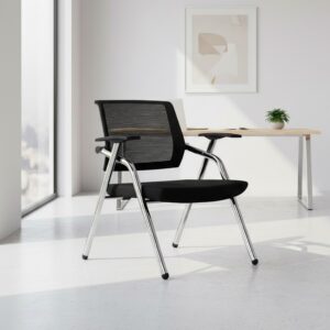 Sedia ufficio pieghevole Fabula con gambe in acciaio cromato e schienale in rete colore nero