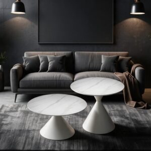Set 2 tavolini da salotto basso Punto con piano effetto marmo bianco e gambe in metallo bianco