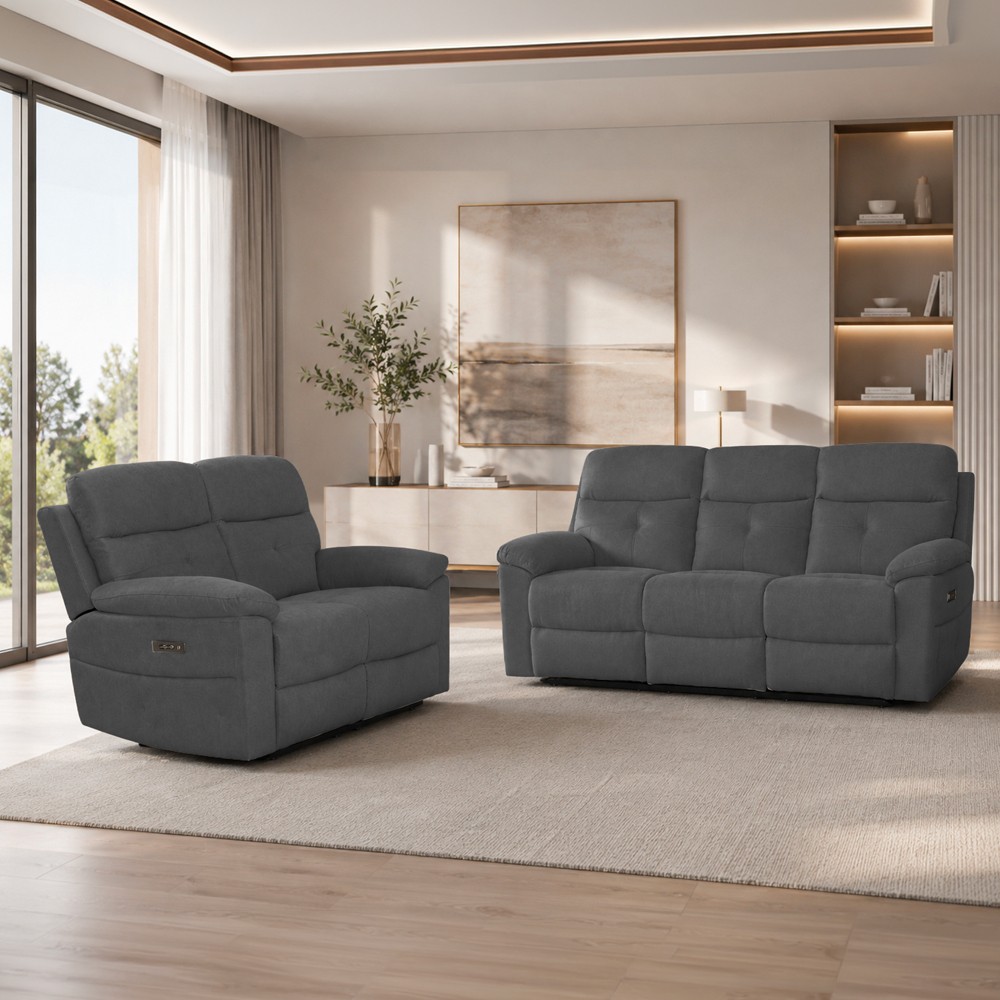 Set divani Kayde 2 e 3 posti recliner elettrici in tessuto Mia 103-27 grigio scuro Set divani Kayde 2 e 3 posti recliner elettrici in tessuto Mia 103-27 grigio scuro
