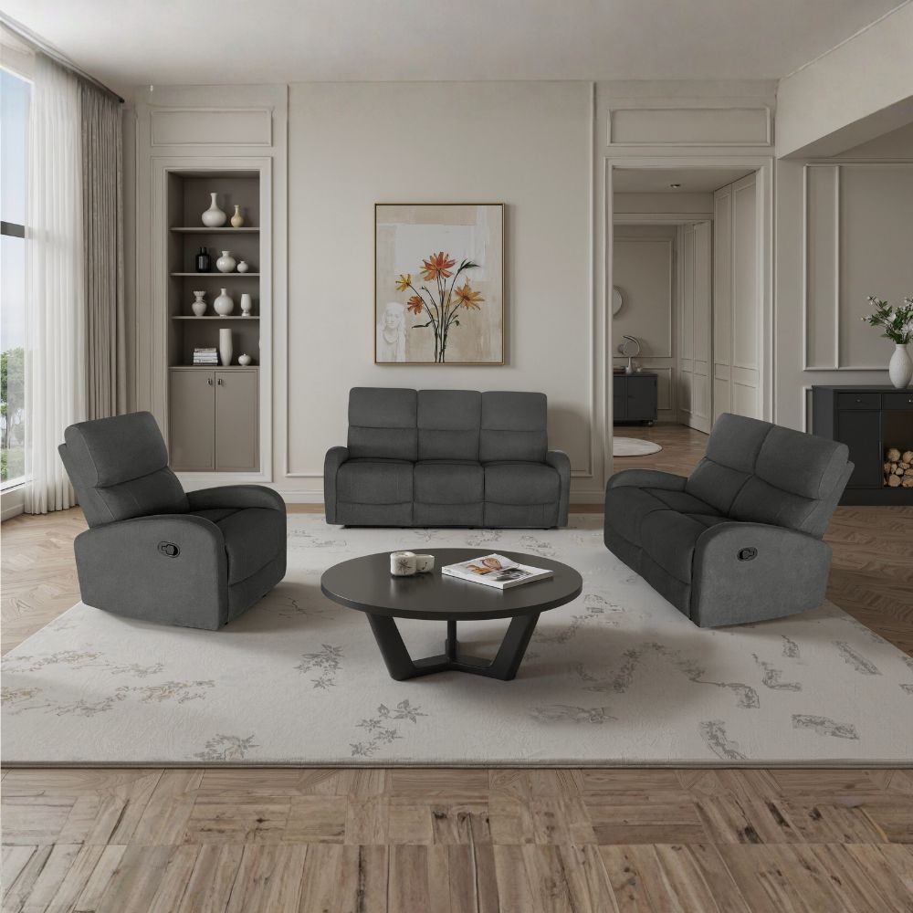 Set divani Potter 2 e 3 posti e poltrona recliner manuali in tessuto Mia 103-27 grigio scuro Set divani Potter 2 e 3 posti e poltrona recliner manuali in tessuto Mia 103-27 grigio scuro