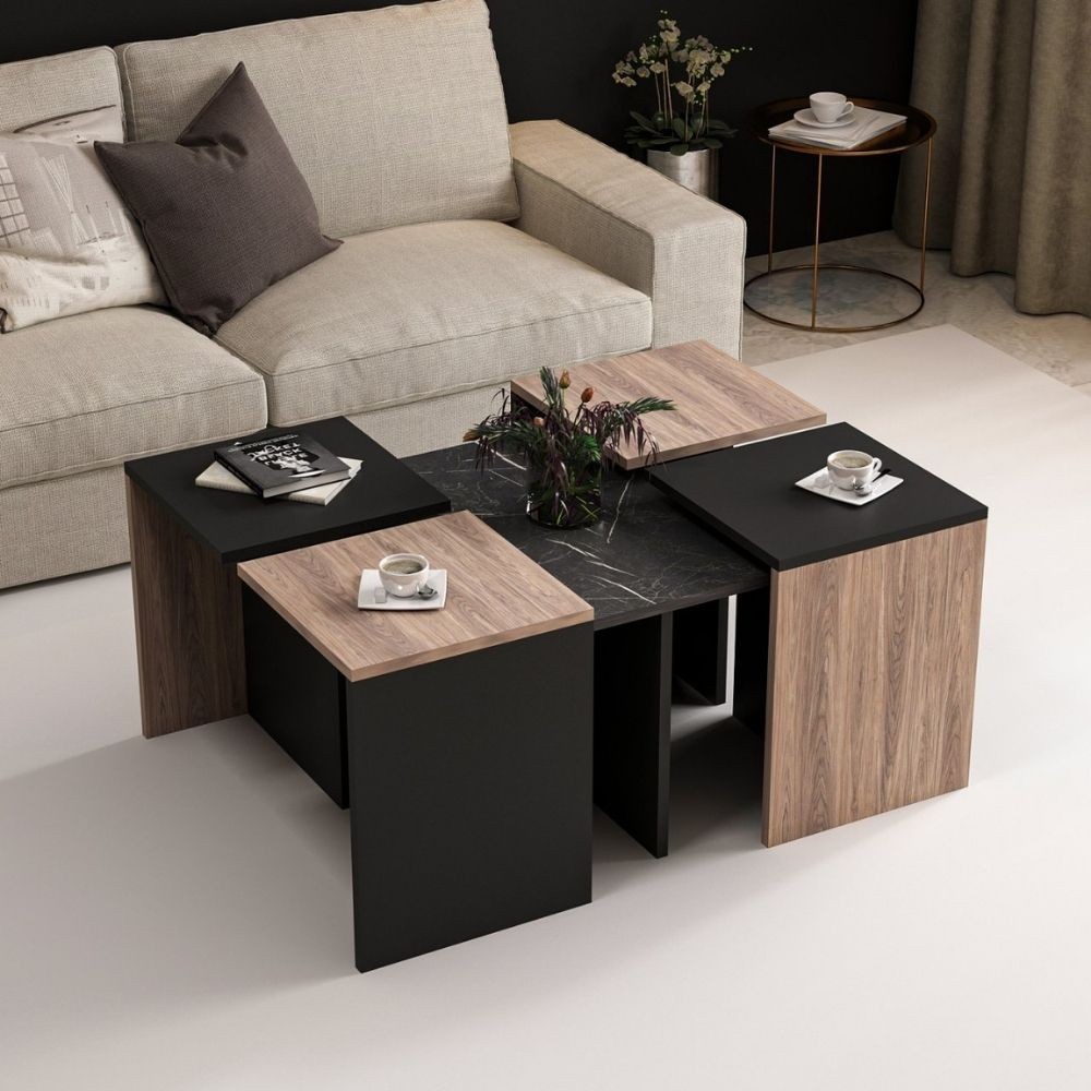 Set tavolini da salotto Owentav nero e noce nucleo effetto marmo Set tavolini da salotto Owentav nero e noce nucleo effetto marmo