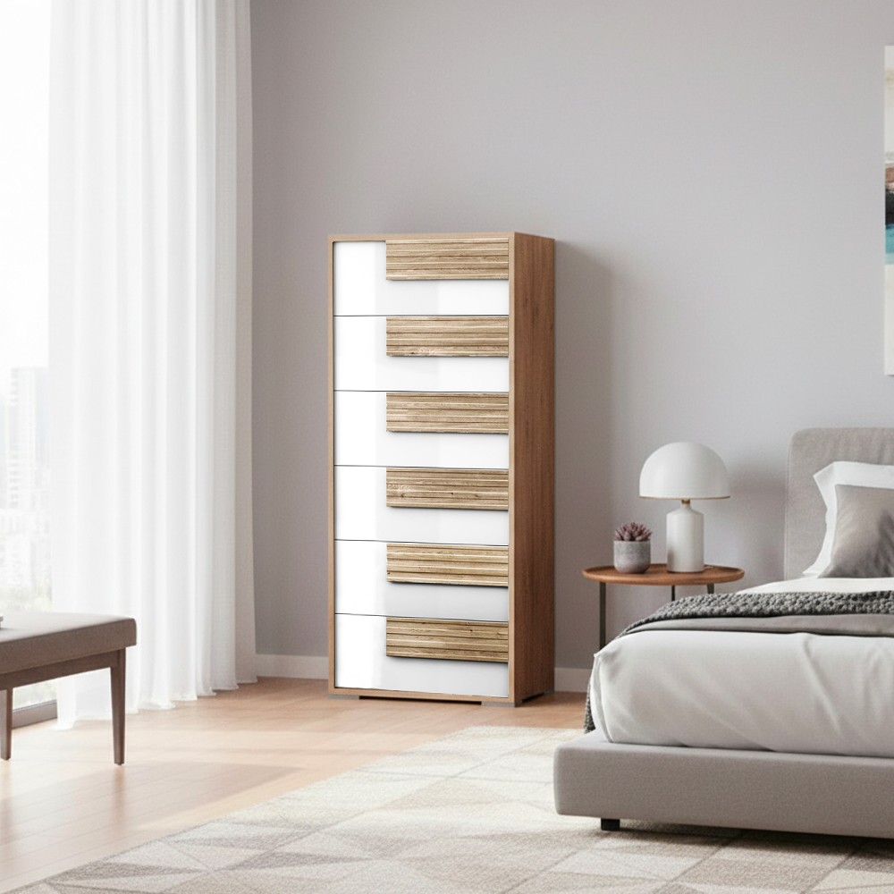 Settimino Selva 6 cassetti con struttura in rovere caramello e frontali bianco lucido Settimino Selva 6 cassetti con struttura in rovere caramello e frontali bianco lucido