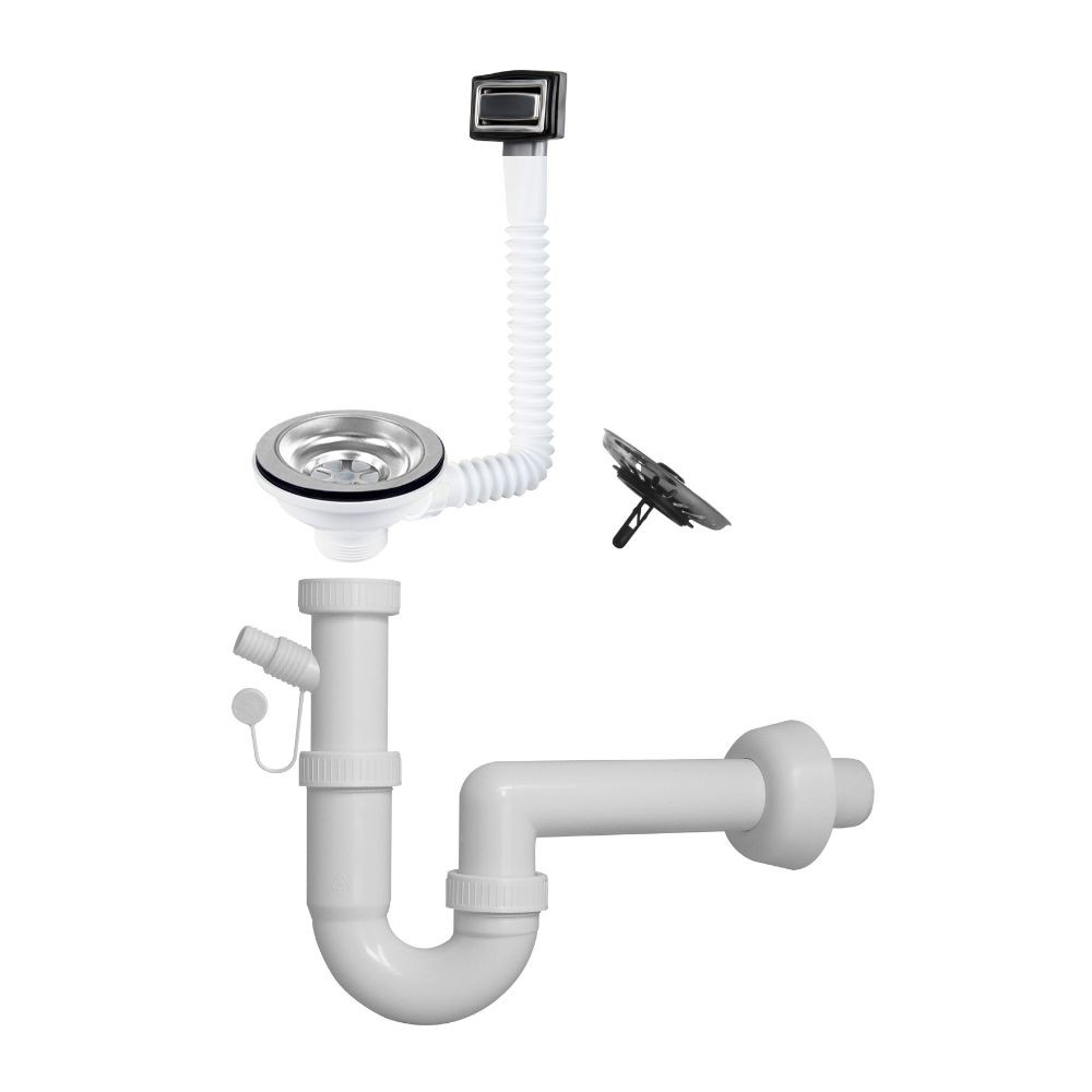 Sifone a 1 via per lavelli in quarzo con pilettone eco e troppo pieno rettangole con griglia inox Sifone a 1 via per lavelli in quarzo con pilettone eco e troppo pieno rettangole con griglia inox
