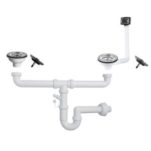 Sifone a 2 vie per lavelli in quarzo con pilettone eco e troppopieno rettangolare con griglia inox