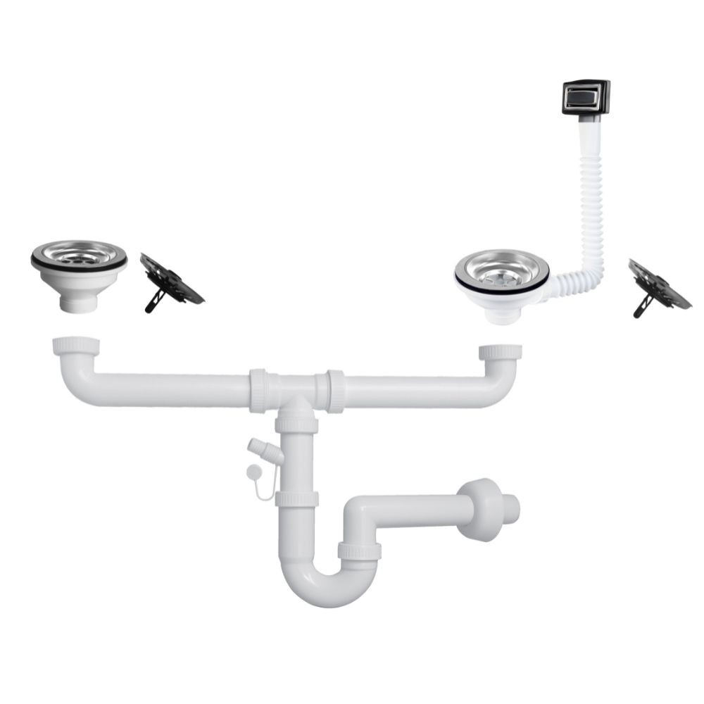 Sifone a 2 vie per lavelli in quarzo con pilettone eco e troppopieno rettangolare con griglia inox Sifone a 2 vie per lavelli in quarzo con pilettone eco e troppopieno rettangolare con griglia inox