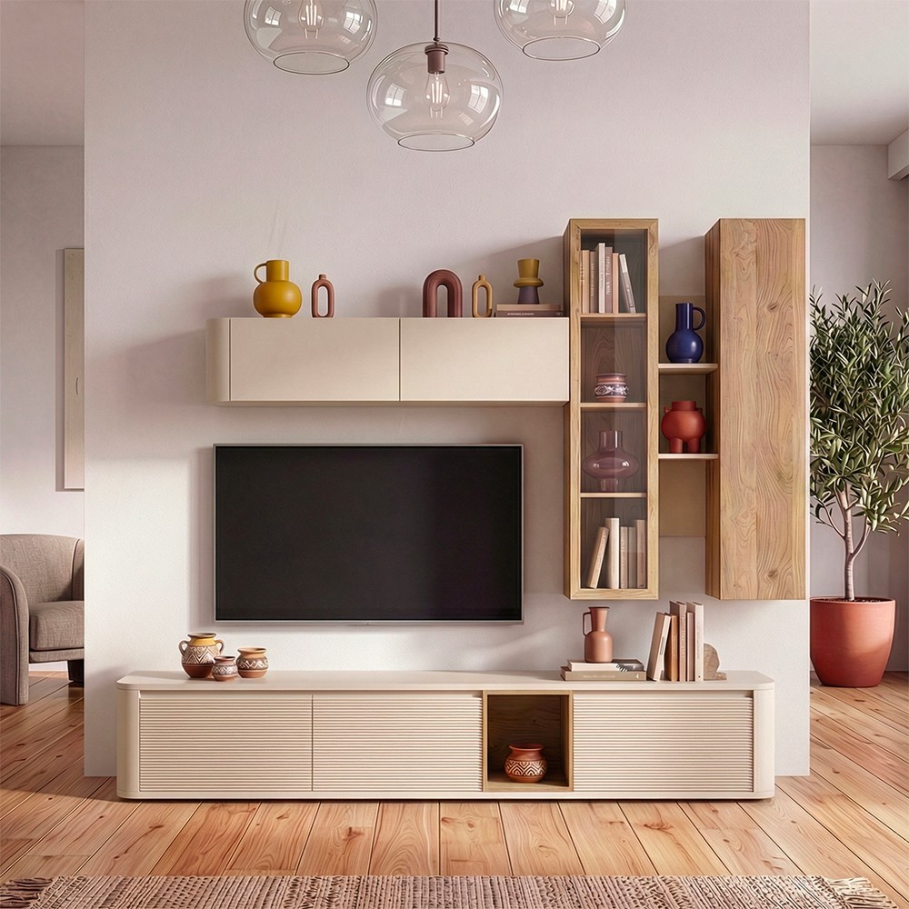 Soggiorno parete attrezzata Core grande con porta tv e pensili in colore rovere e cashmere Soggiorno parete attrezzata Core grande con porta tv e pensili in colore rovere e cashmere