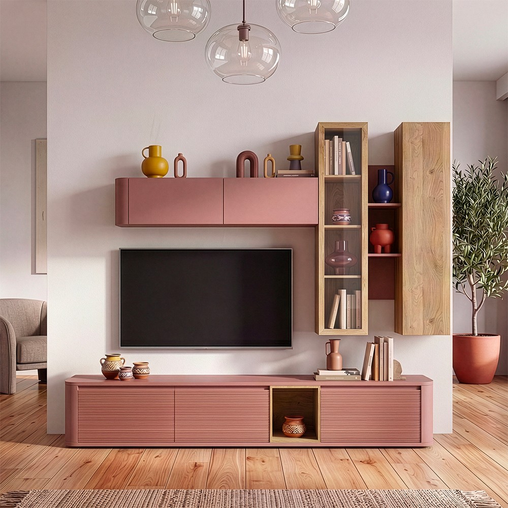 Soggiorno parete attrezzata Core grande con porta tv e pensili in colore rovere e terracotta Soggiorno parete attrezzata Core grande con porta tv e pensili in colore rovere e terracotta