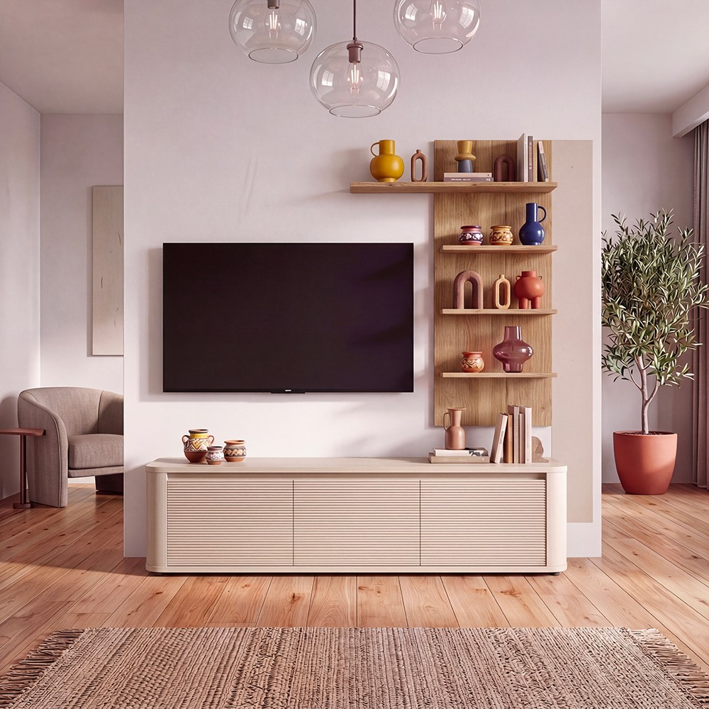 Soggiorno parete attrezzata Core piccolo con porta tv e libreria pensile in rovere e cashmere Soggiorno parete attrezzata Core piccolo con porta tv e libreria pensile in rovere e cashmere