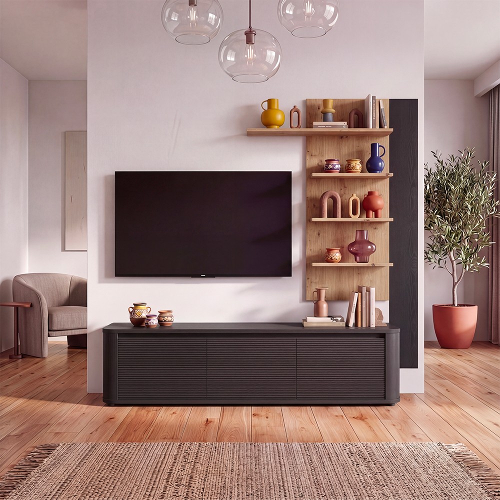 Soggiorno parete attrezzata Core piccolo con porta tv e libreria pensile in rovere e nero Soggiorno parete attrezzata Core piccolo con porta tv e libreria pensile in rovere e nero