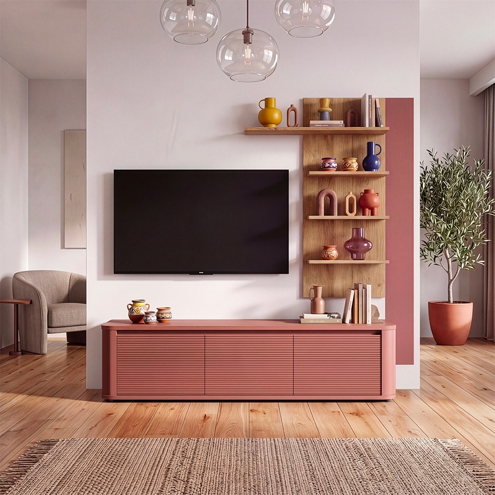 Soggiorno parete attrezzata Core piccolo con porta tv e libreria pensile in rovere e terracotta Soggiorno parete attrezzata Core piccolo con porta tv e libreria pensile in rovere e terracotta