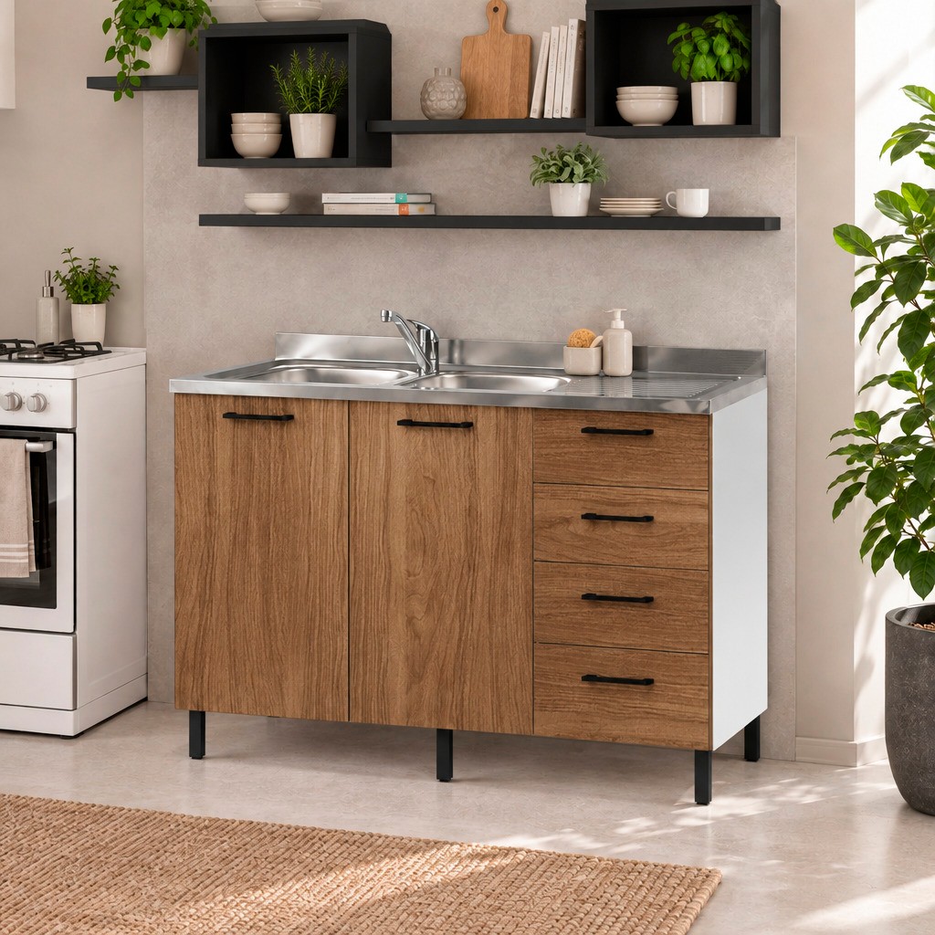 Sottolavello con cassettiera 120x50x85H cm con struttura bianca e ante noce naturale destro lavello incluso Sottolavello con cassettiera 120x50x85H cm con struttura bianca e ante noce naturale destro lavello incluso