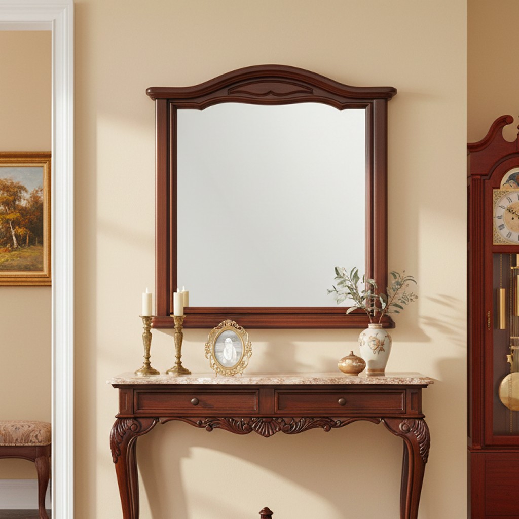 Specchiera classica Cloe con cornice con dettagli sagomati e finiture decorative noce